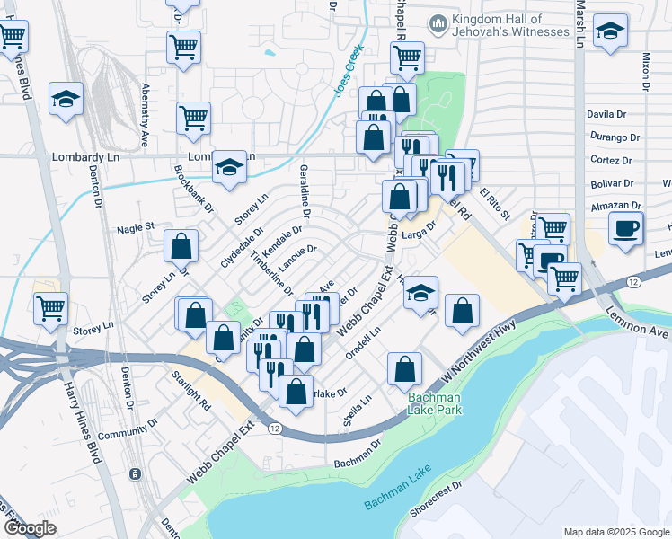 map of restaurants, bars, coffee shops, grocery stores, and more near 3208 Community Drive in Dallas