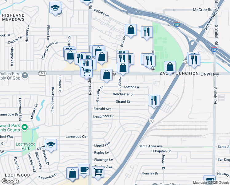 map of restaurants, bars, coffee shops, grocery stores, and more near 11617 Dorchester Drive in Dallas