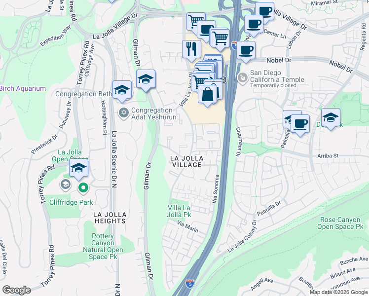 map of restaurants, bars, coffee shops, grocery stores, and more near 8524 Via Mallorca in San Diego