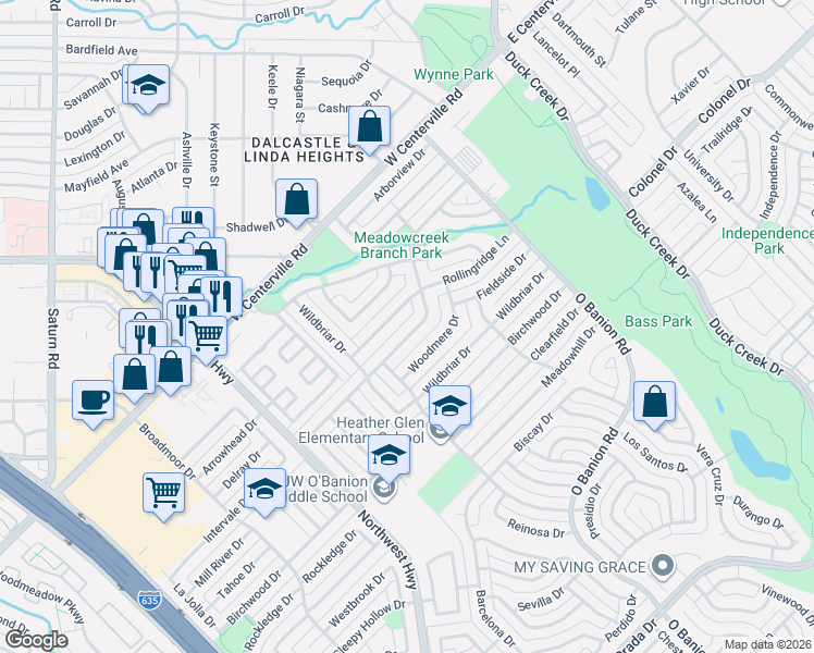 map of restaurants, bars, coffee shops, grocery stores, and more near 421 Brookview Drive in Garland