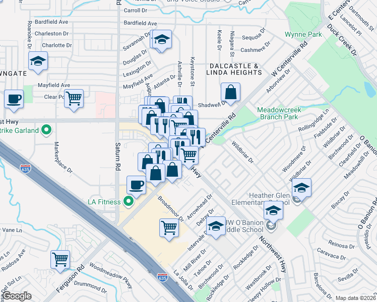 map of restaurants, bars, coffee shops, grocery stores, and more near 909 Northwest Highway in Garland