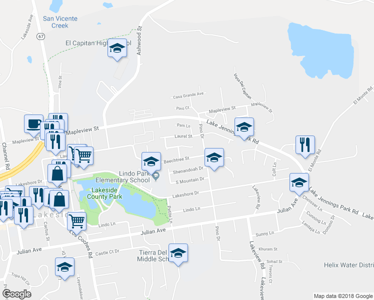 map of restaurants, bars, coffee shops, grocery stores, and more near 13131 Chrissy Way in Lakeside