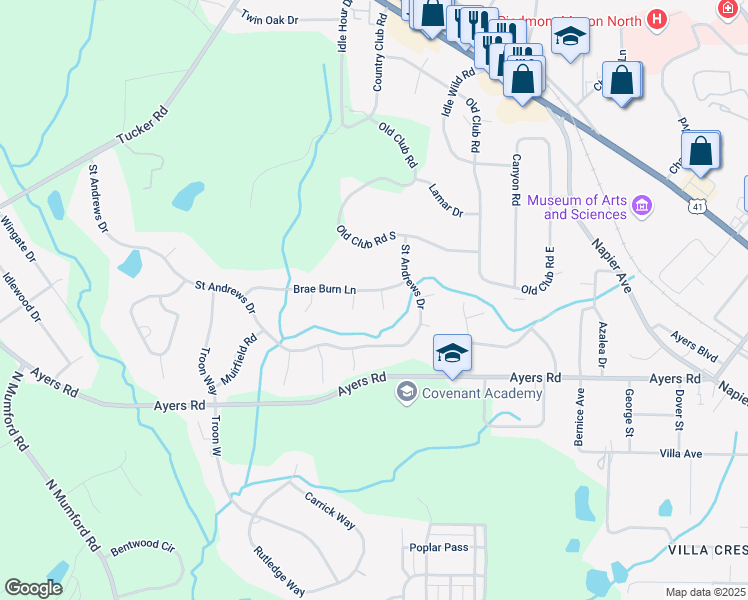 map of restaurants, bars, coffee shops, grocery stores, and more near 4618 Brae Burn Lane in Macon