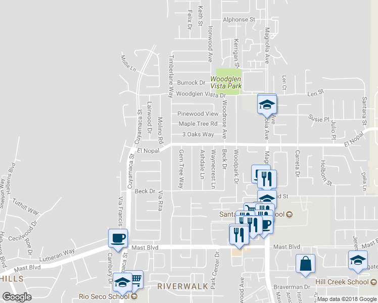 map of restaurants, bars, coffee shops, grocery stores, and more near 10144 Allenwood Way in Santee