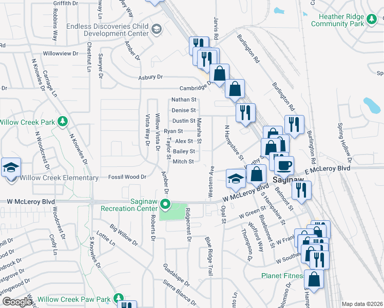 map of restaurants, bars, coffee shops, grocery stores, and more near 509 Bailey Street in Saginaw