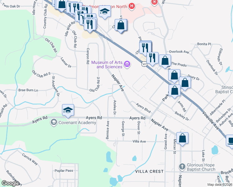map of restaurants, bars, coffee shops, grocery stores, and more near 4415 Azalea Drive in Macon