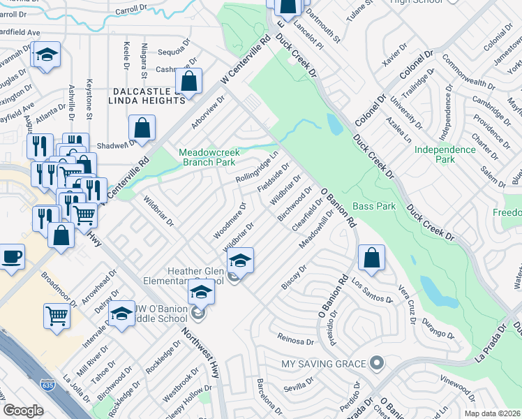 map of restaurants, bars, coffee shops, grocery stores, and more near 401 Wildbriar Drive in Garland