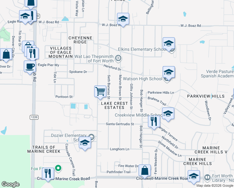 map of restaurants, bars, coffee shops, grocery stores, and more near 6905 Marvin Brown Street in Fort Worth