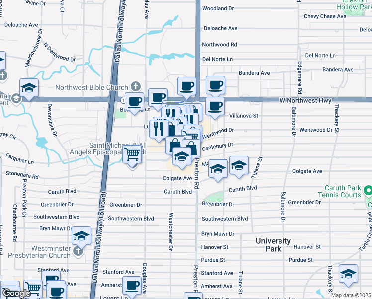map of restaurants, bars, coffee shops, grocery stores, and more near 6150 Sherry Lane in Dallas