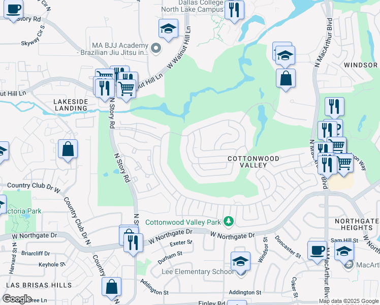 map of restaurants, bars, coffee shops, grocery stores, and more near 1805 Driskill Drive in Irving