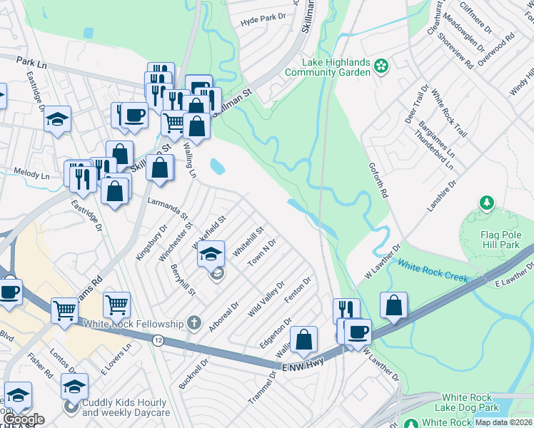 map of restaurants, bars, coffee shops, grocery stores, and more near 7130 Walling Lane in Dallas