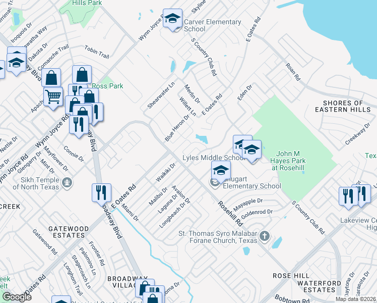 map of restaurants, bars, coffee shops, grocery stores, and more near 5314 Viewside Dr in Garland