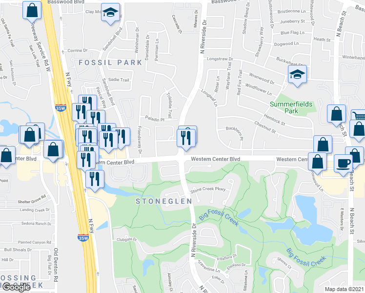 map of restaurants, bars, coffee shops, grocery stores, and more near 6001 N Riverside Dr in Fort Worth