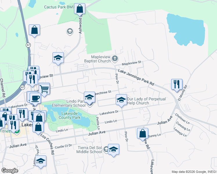 map of restaurants, bars, coffee shops, grocery stores, and more near 13131 Chrissy Way in Lakeside