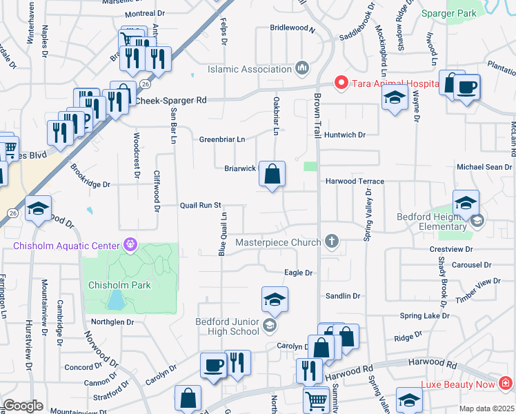 map of restaurants, bars, coffee shops, grocery stores, and more near 3517 Meadowlark Lane in Colleyville