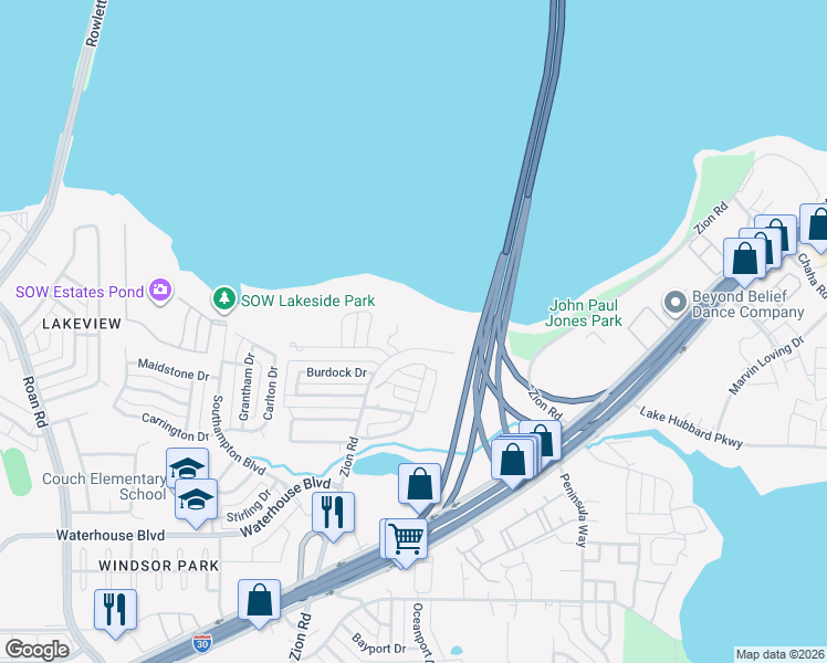 map of restaurants, bars, coffee shops, grocery stores, and more near 4095 Zion Road in Garland