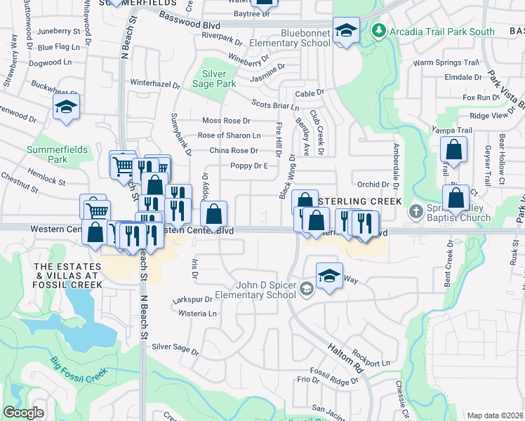 map of restaurants, bars, coffee shops, grocery stores, and more near 6715 Oriole Court in Fort Worth