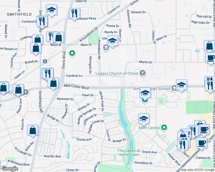 map of restaurants, bars, coffee shops, grocery stores, and more near 8509 Mid Cities Boulevard in North Richland Hills