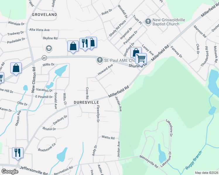 map of restaurants, bars, coffee shops, grocery stores, and more near 2862 Wilkes Court in Macon