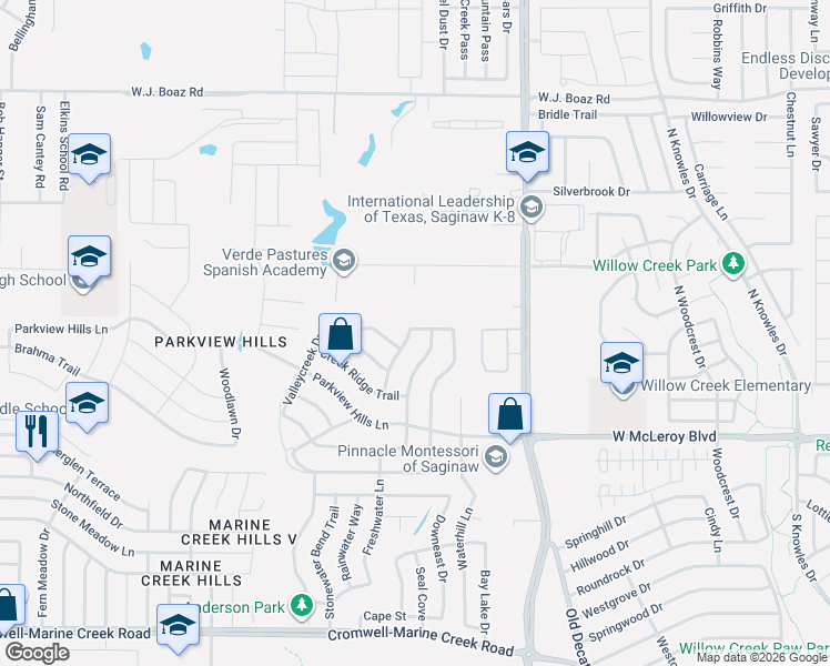 map of restaurants, bars, coffee shops, grocery stores, and more near 6916 Brookglen Lane in Fort Worth