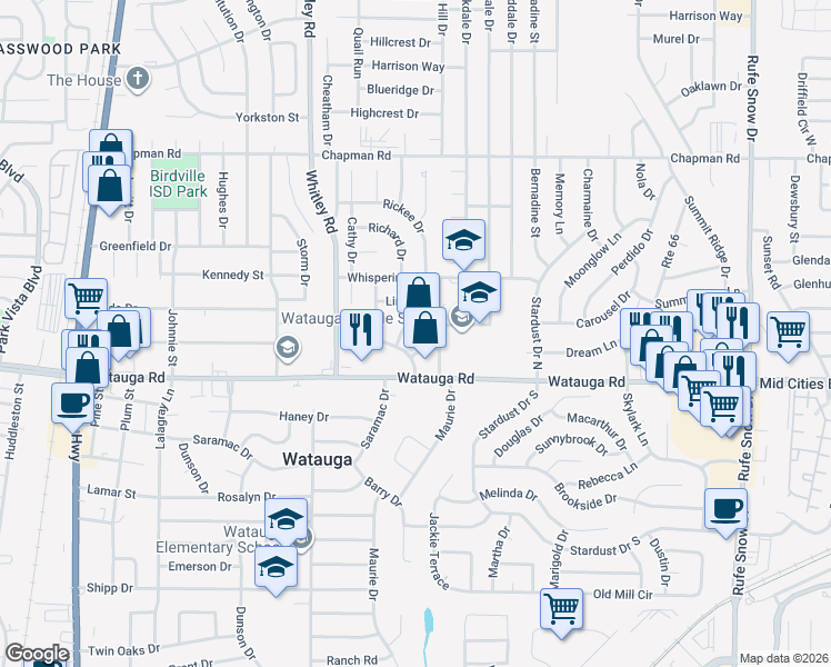 map of restaurants, bars, coffee shops, grocery stores, and more near 6020 Deborah Lane in Watauga
