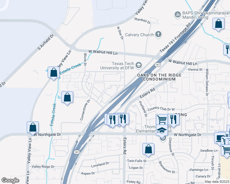 map of restaurants, bars, coffee shops, grocery stores, and more near 3618 Texas 161 Frontage Road in Irving