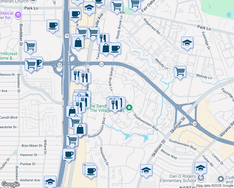 map of restaurants, bars, coffee shops, grocery stores, and more near 6310 Shady Brook Lane in Dallas