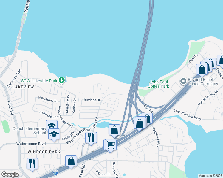 map of restaurants, bars, coffee shops, grocery stores, and more near 4521 Zion Road in Garland