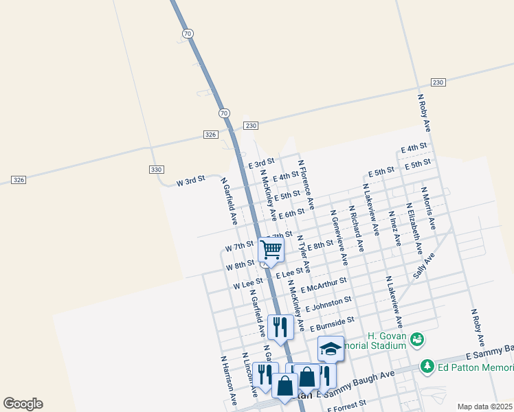map of restaurants, bars, coffee shops, grocery stores, and more near 1012 North Cleveland Avenue in Rotan