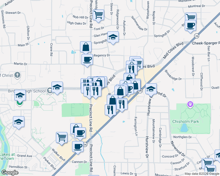 map of restaurants, bars, coffee shops, grocery stores, and more near 729 Bent Tree Court in Hurst