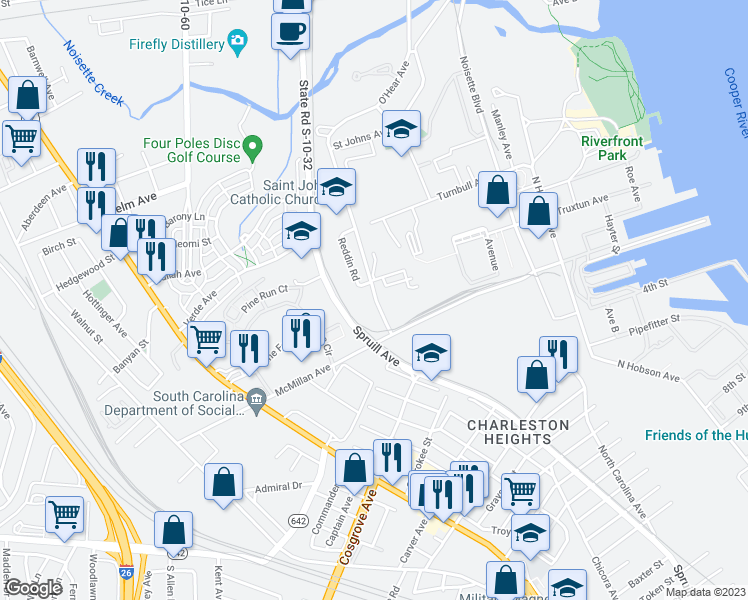 map of restaurants, bars, coffee shops, grocery stores, and more near 3739 1/2 Saint Johns Avenue in North Charleston