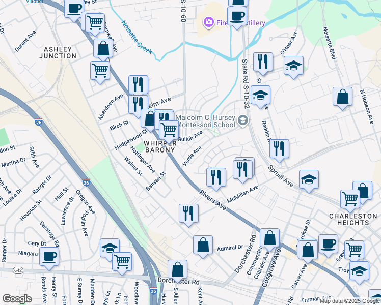 map of restaurants, bars, coffee shops, grocery stores, and more near 3823 Verde Avenue in North Charleston
