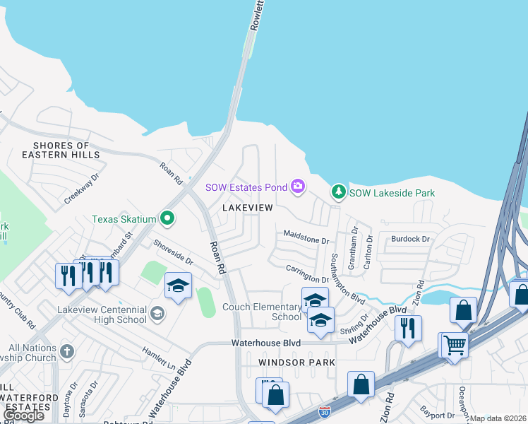 map of restaurants, bars, coffee shops, grocery stores, and more near 4102 Cedar Creek Drive in Garland