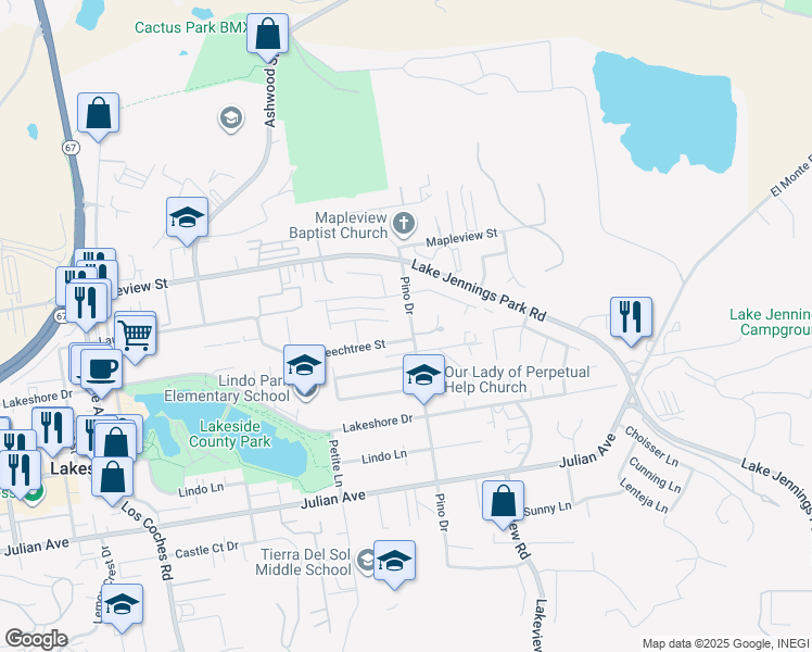 map of restaurants, bars, coffee shops, grocery stores, and more near 10020 Pino Drive in Lakeside