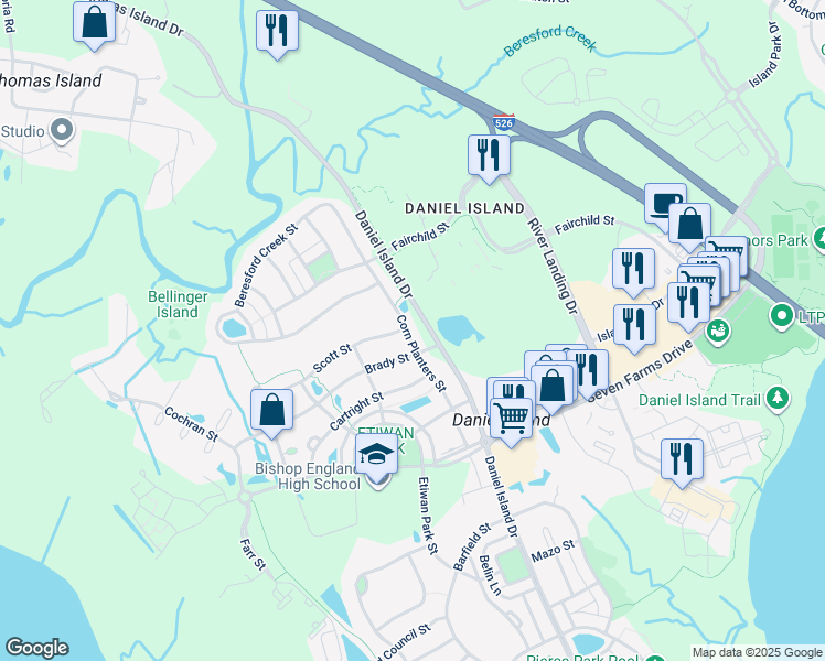 map of restaurants, bars, coffee shops, grocery stores, and more near 150 Corn Planters Street in Charleston