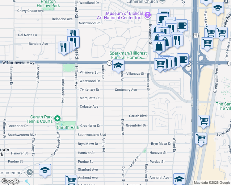 map of restaurants, bars, coffee shops, grocery stores, and more near 7302 Centenary Avenue in Dallas