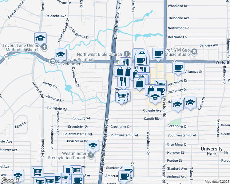 map of restaurants, bars, coffee shops, grocery stores, and more near 5950 Sherry Lane in Dallas