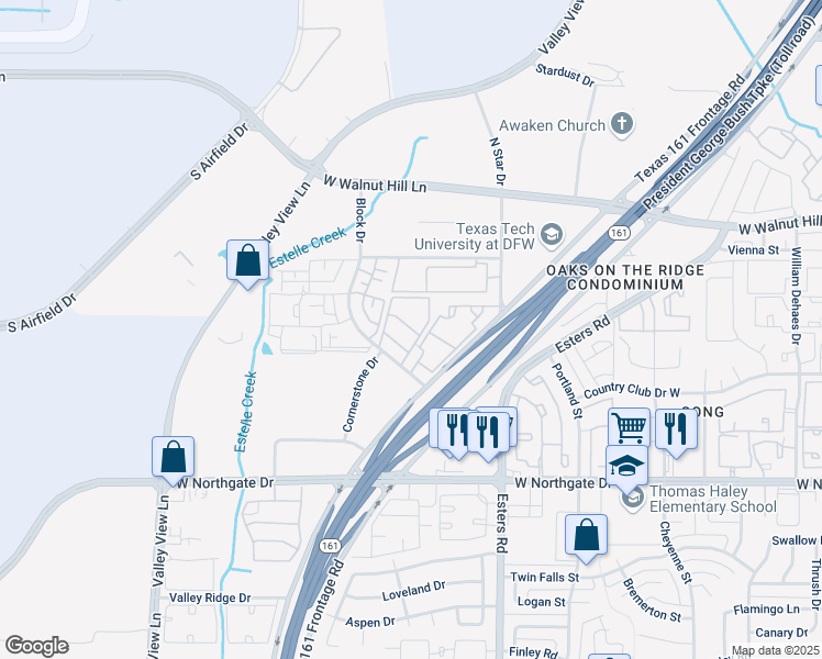 map of restaurants, bars, coffee shops, grocery stores, and more near 3700 Block Drive in Irving