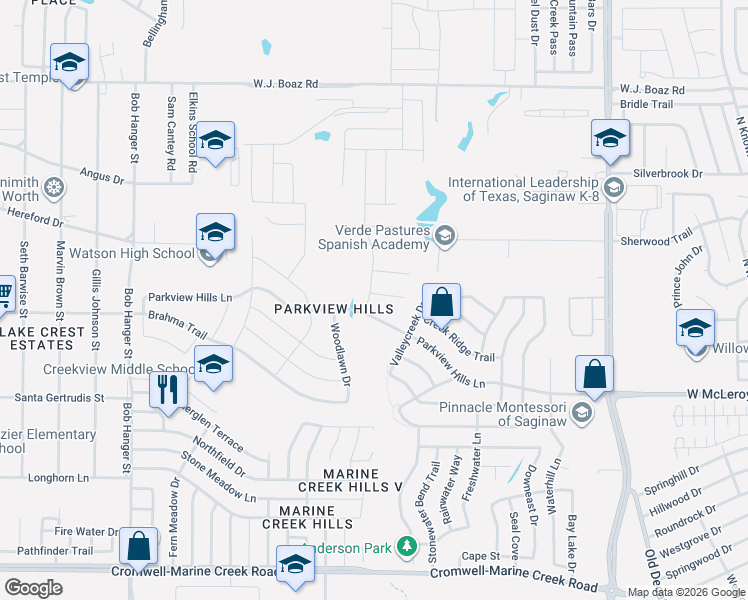 map of restaurants, bars, coffee shops, grocery stores, and more near 5145 Meandering Creek Court in Fort Worth