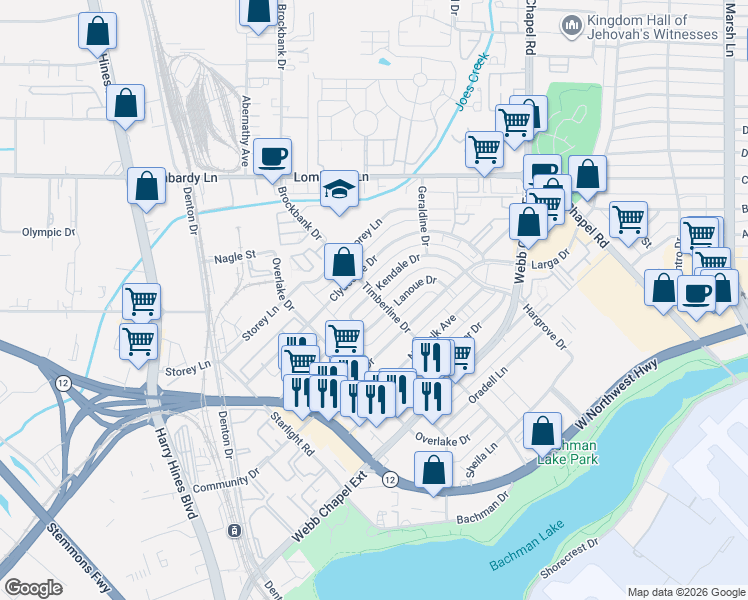 map of restaurants, bars, coffee shops, grocery stores, and more near 3066 Kendale Drive in Dallas