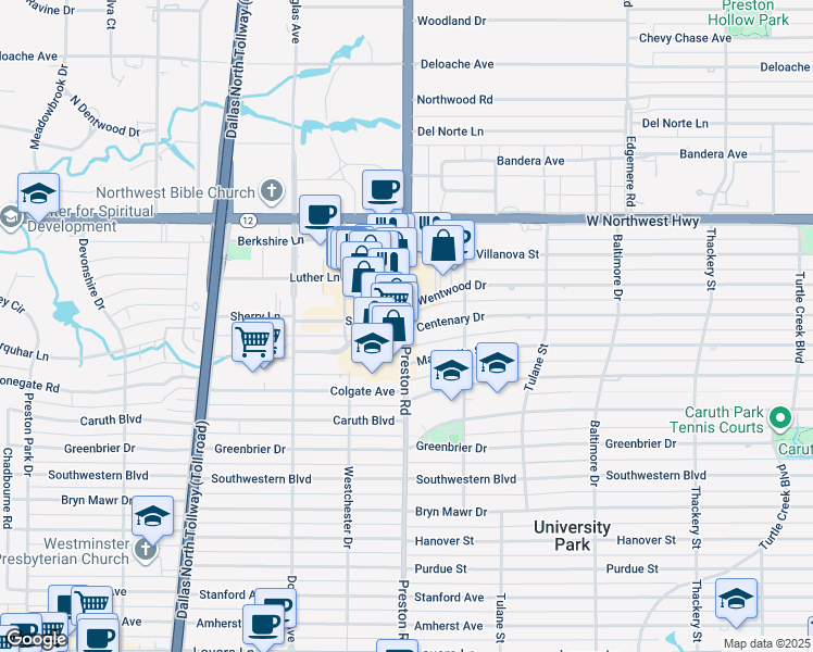 map of restaurants, bars, coffee shops, grocery stores, and more near 8226 Preston Road in Dallas