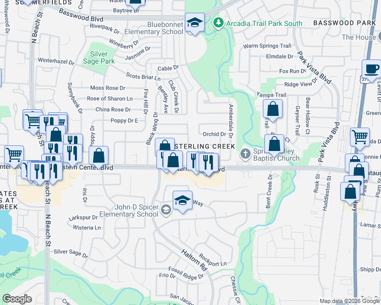 map of restaurants, bars, coffee shops, grocery stores, and more near 6724 Windwillow Drive in Fort Worth