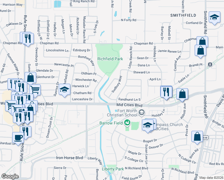 map of restaurants, bars, coffee shops, grocery stores, and more near 6321 Sudbury Way in North Richland Hills
