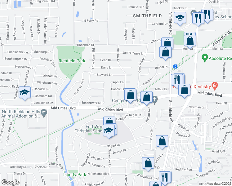 map of restaurants, bars, coffee shops, grocery stores, and more near 6323 Christy Court in North Richland Hills