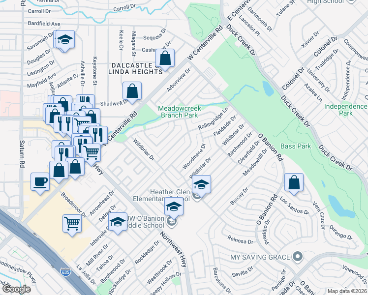 map of restaurants, bars, coffee shops, grocery stores, and more near 421 Brookview Drive in Garland