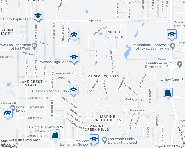 map of restaurants, bars, coffee shops, grocery stores, and more near 5424 Parkview Hills Lane in Fort Worth