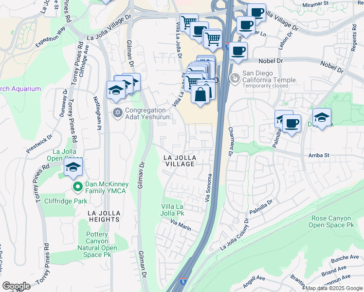 map of restaurants, bars, coffee shops, grocery stores, and more near 8520 Via Mallorca in San Diego