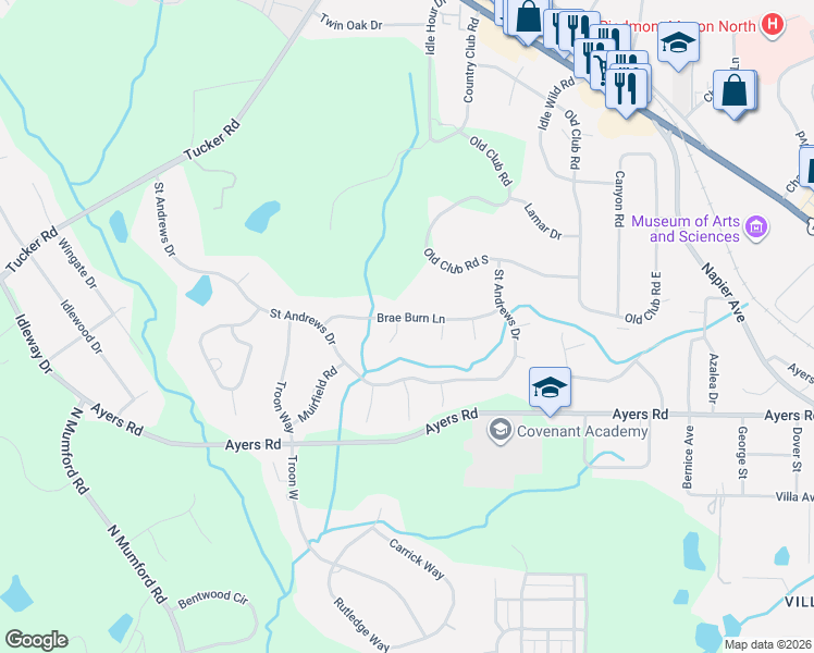 map of restaurants, bars, coffee shops, grocery stores, and more near 4700 Brae Burn Lane in Macon