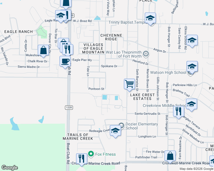 map of restaurants, bars, coffee shops, grocery stores, and more near 6912 Freeboard Way in Fort Worth