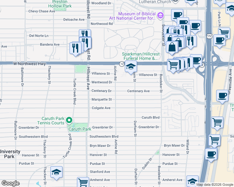 map of restaurants, bars, coffee shops, grocery stores, and more near 7202 Centenary Avenue in Dallas